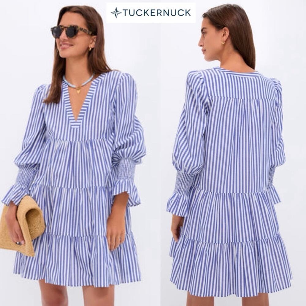 Tuckernuck Pomander Place Blue White Kenzo Dress Stripe Cotton Poplin Mini sz XL - Picture 2 of 9